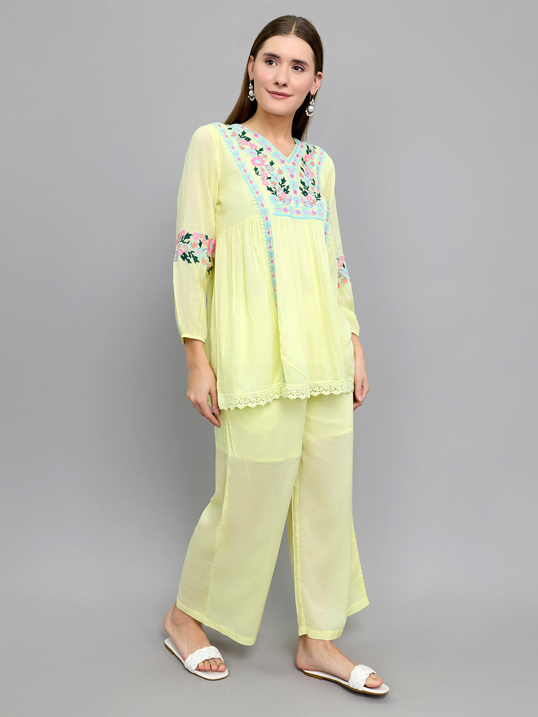 Women Yellow Embroidered Round Neck Half Sleeve Cords Set
