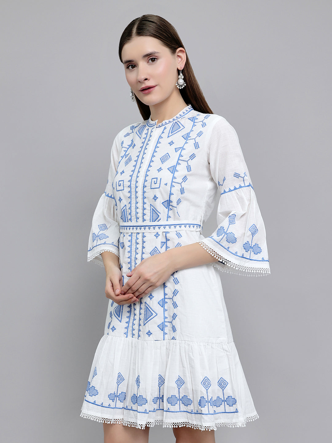 Women White Embroidered Henley Neck Tunic