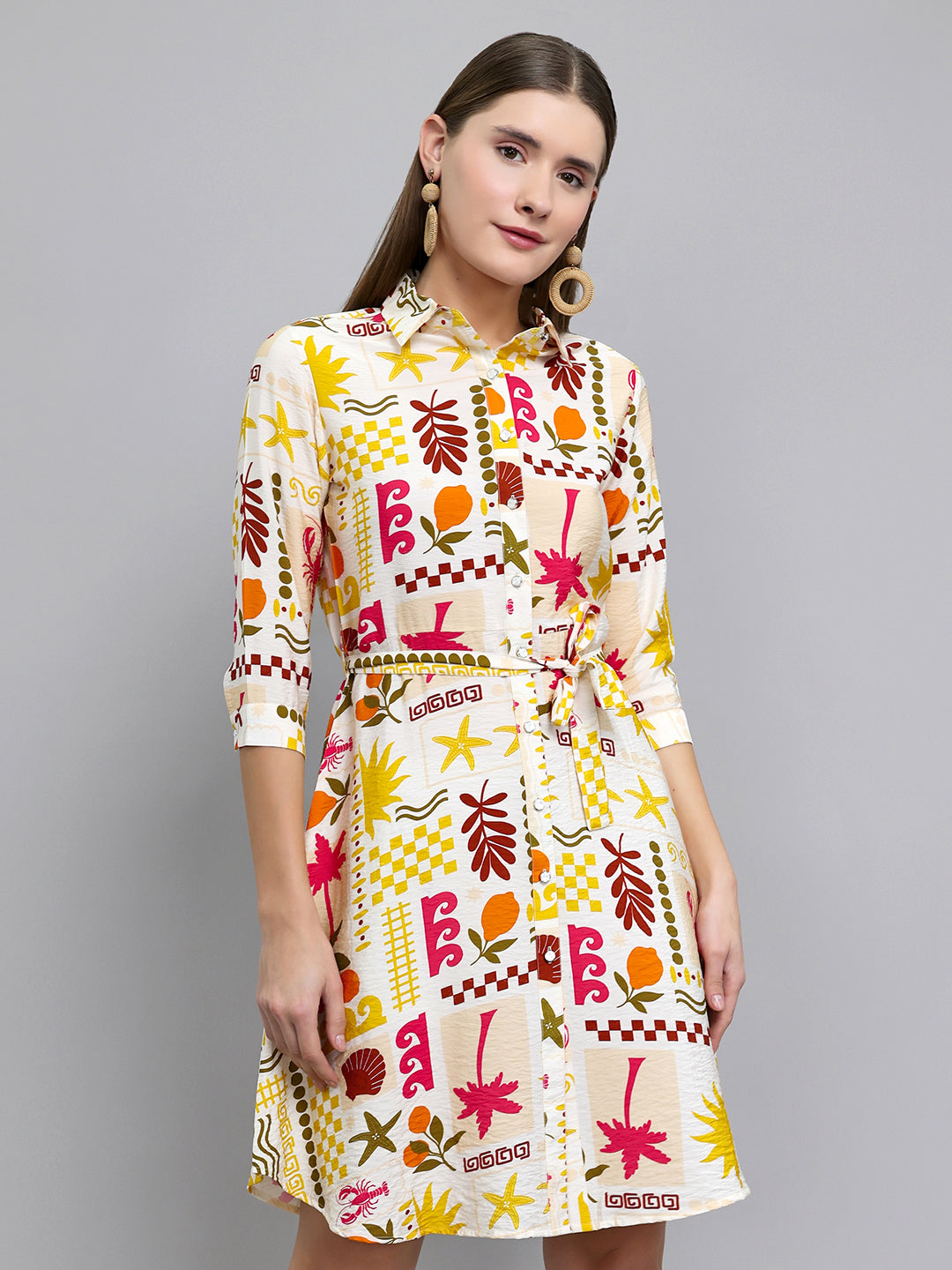 Women Yellow Printed Front Open Tunic