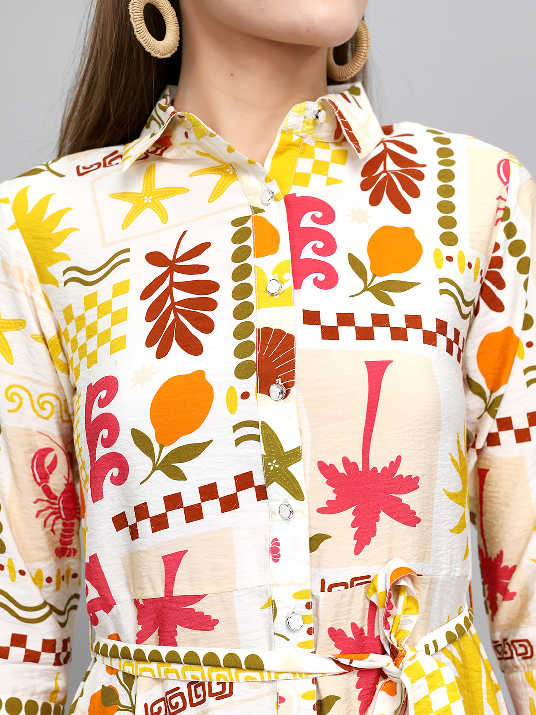 Women Yellow Printed Front Open Tunic