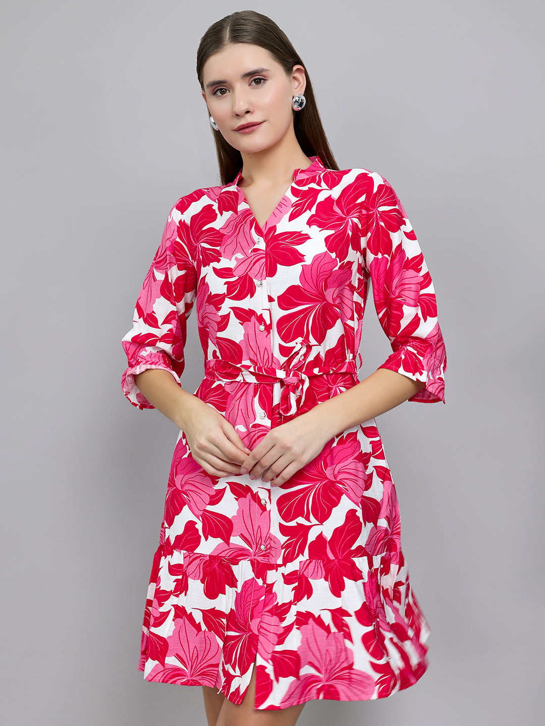 Women Magenta Floral Print Front Open 3/4th Sleeve Tunic