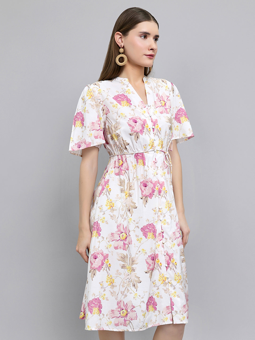 Women Off White Floral Print Front Open Half Sleeve Dress