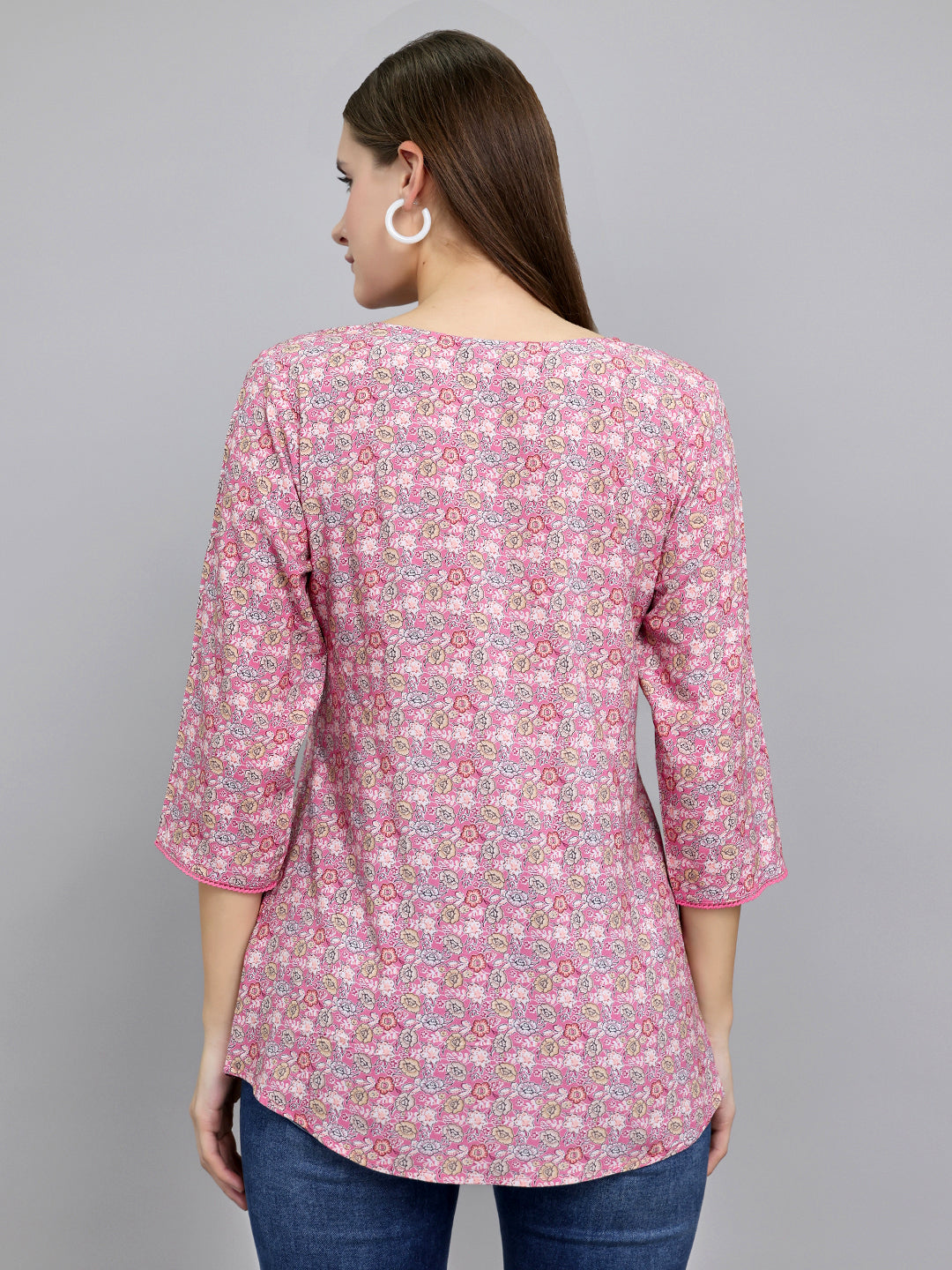 Women Pink Printed Round Neck 3/4th Sleeve Top