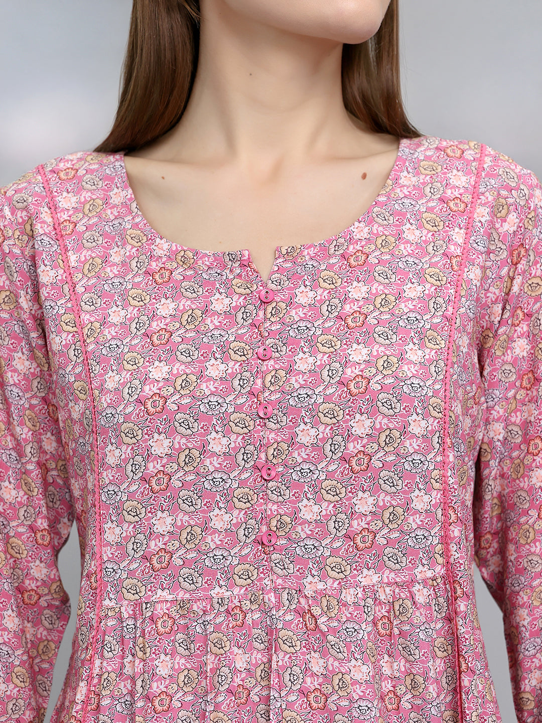 Women Pink Printed Round Neck 3/4th Sleeve Top