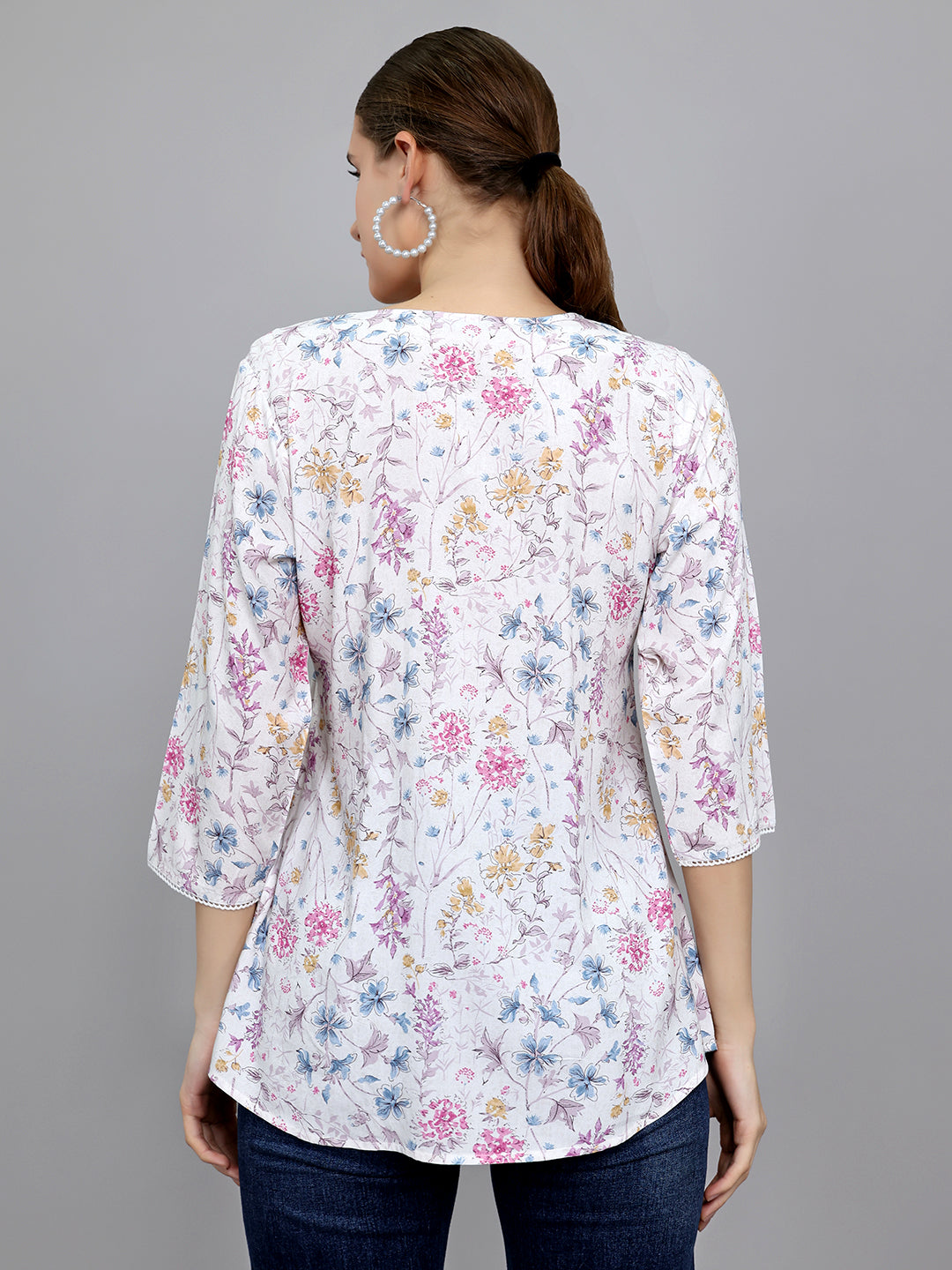 Women Off White Printed Round Neck Top