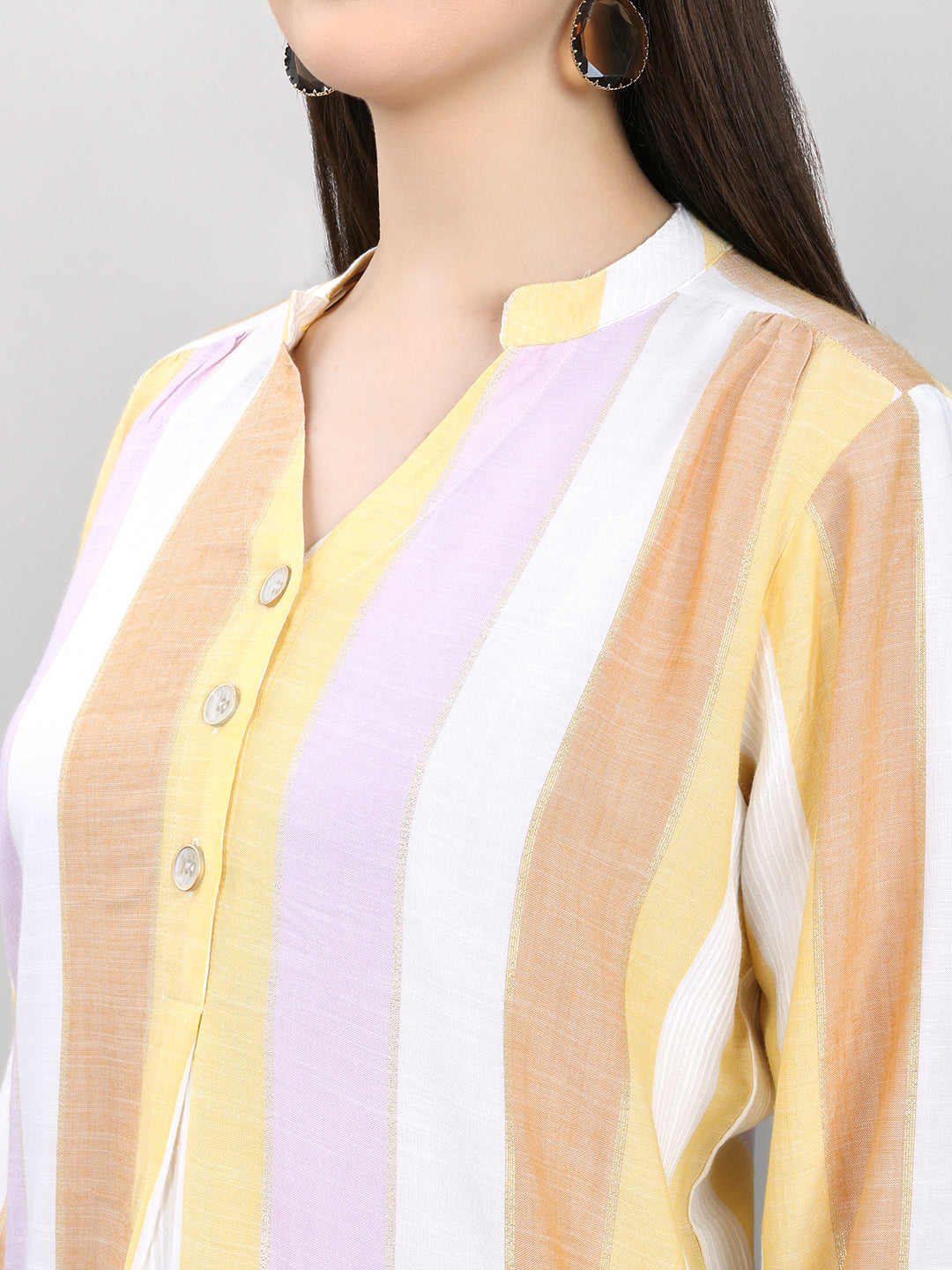 Women Multicolor Stripe V Neck 3/4th Sleeve Kurti
