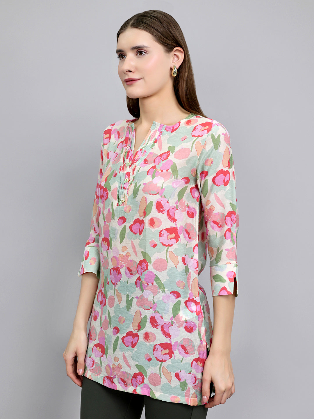 Women Pink Printed Fashion Neck 3/4th Sleeve Kurti