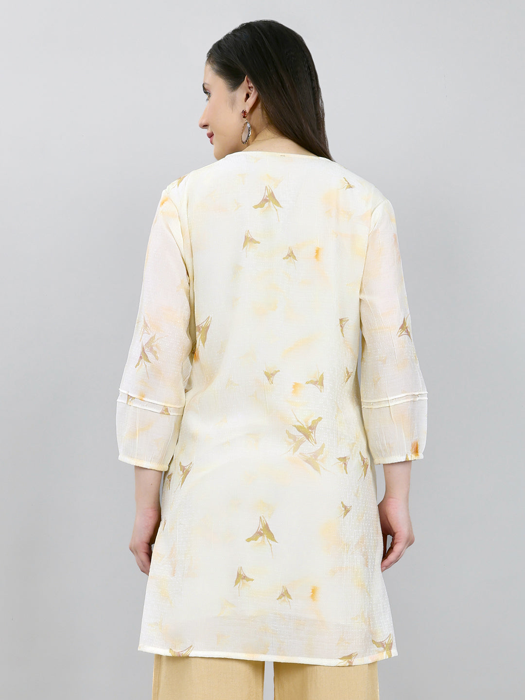 Women Cream Printed V Neck Kurti