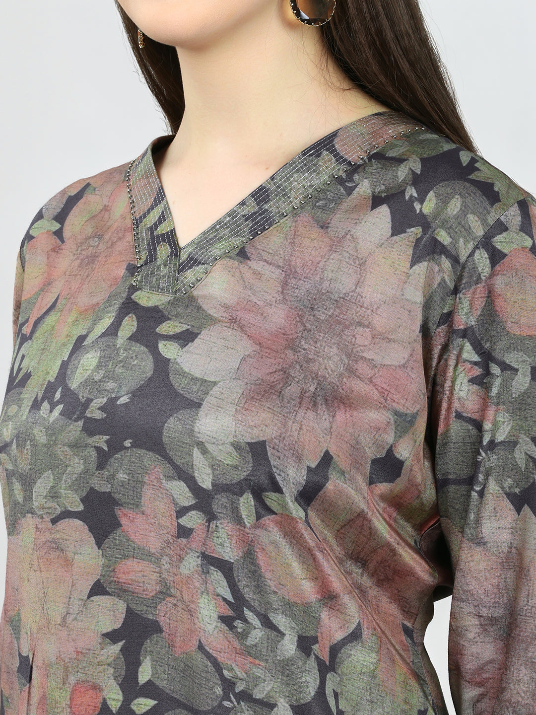 Women Olive Printed V Neck Kurti