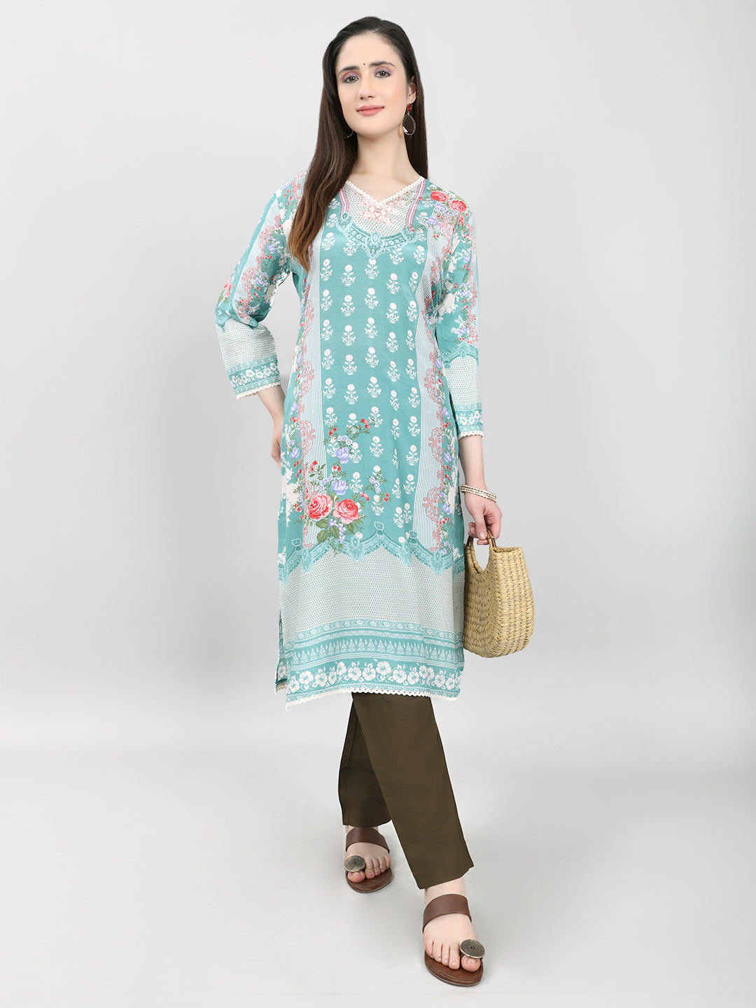 Women Blue Printed V Neck 3/4th Sleeve Kurti