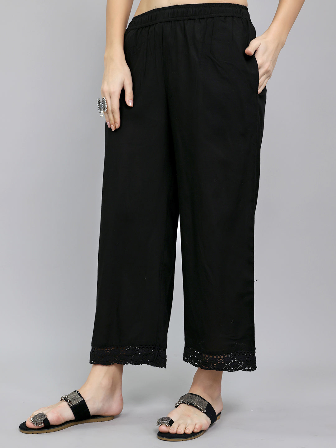 Women Black Solid Regular Fit Palazzo
