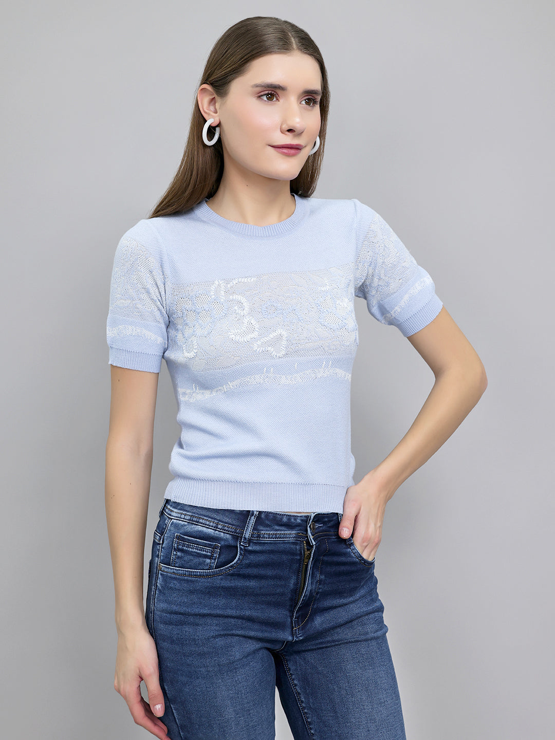 Women Light Blue Jacquard Round Neck Half Sleeve Top