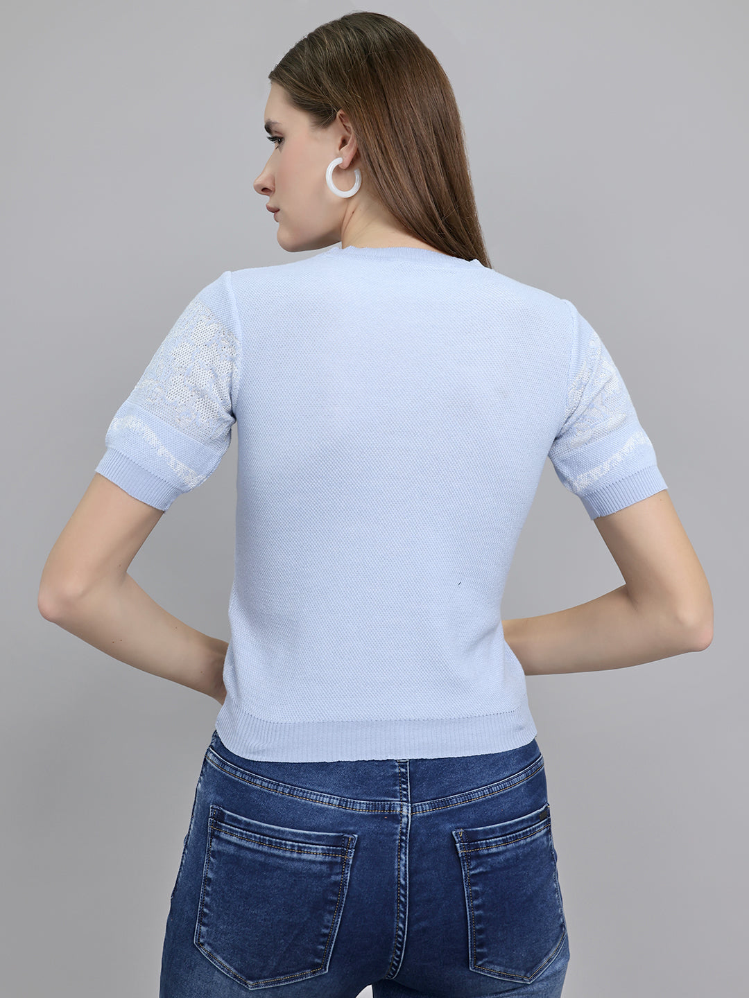 Women Light Blue Jacquard Round Neck Half Sleeve Top