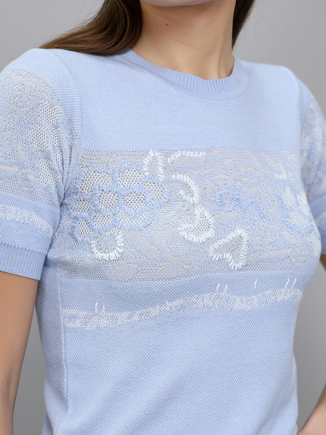 Women Light Blue Jacquard Round Neck Half Sleeve Top