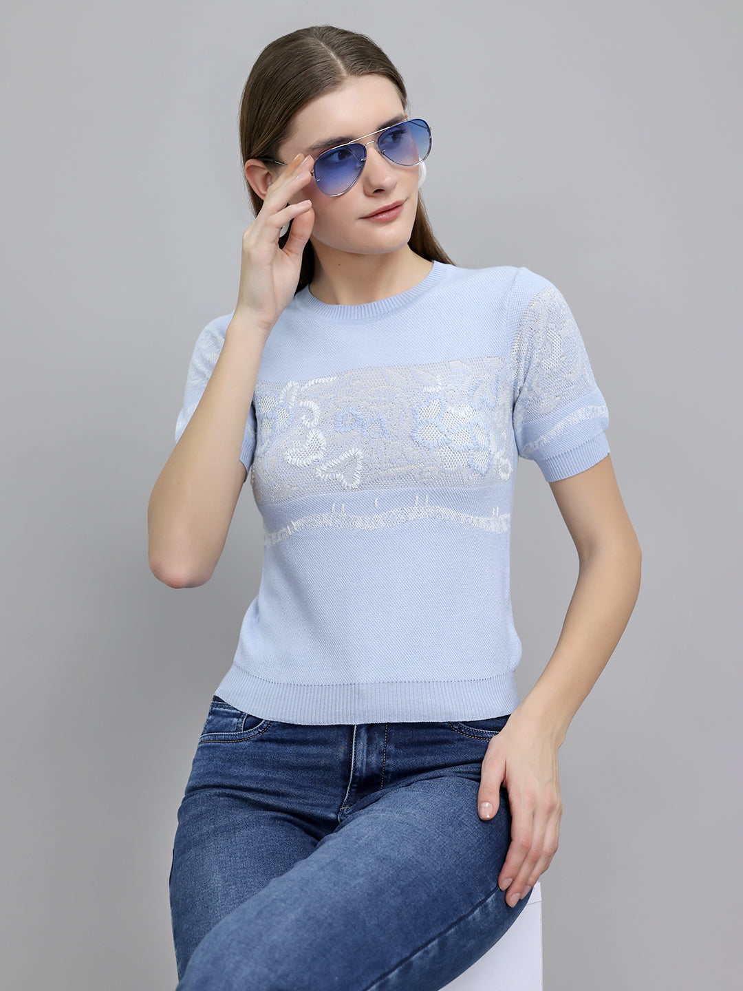 Women Light Blue Jacquard Round Neck Half Sleeve Top