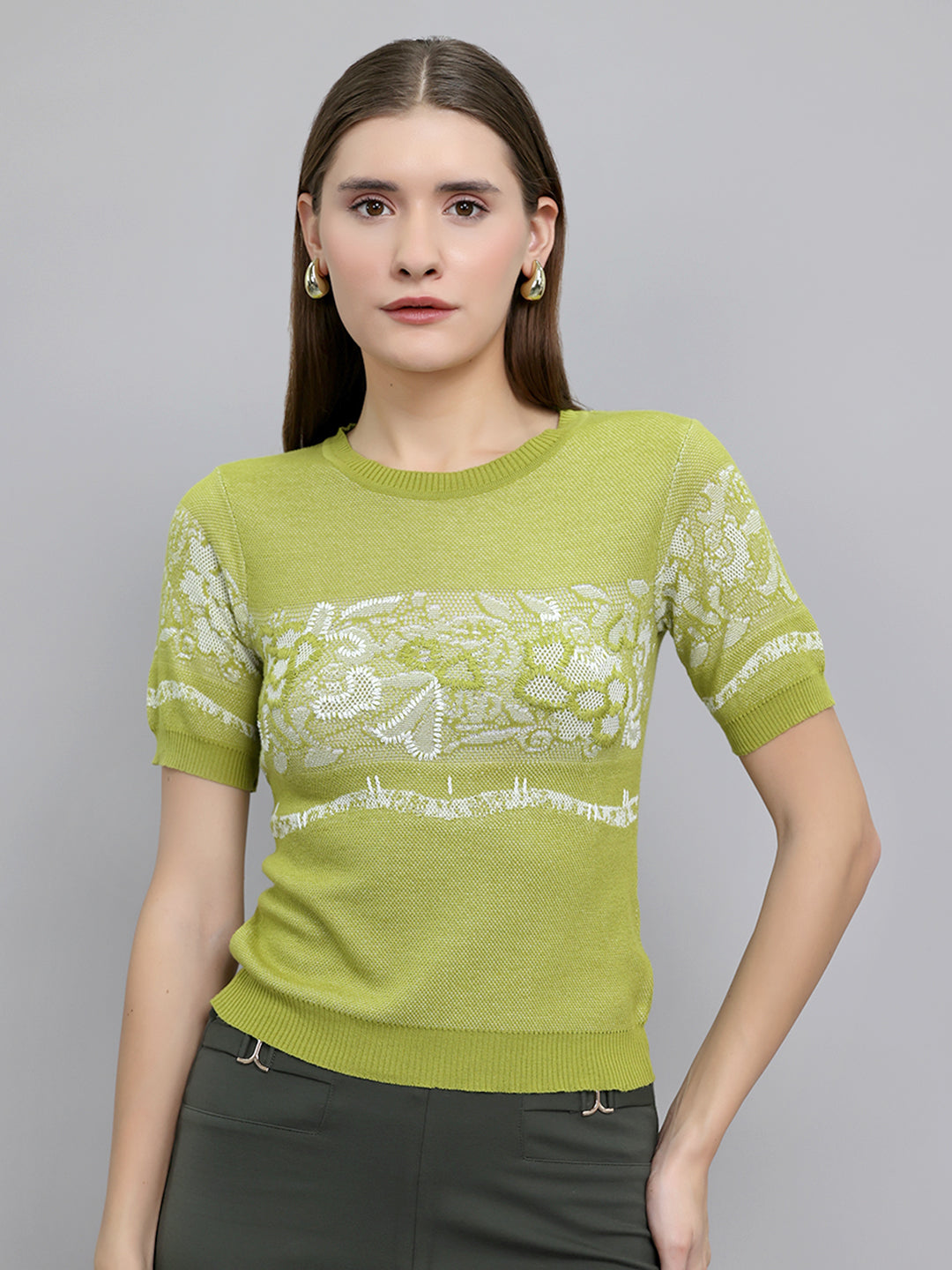 Women Green Jacquard Round Neck Half Sleeve Top