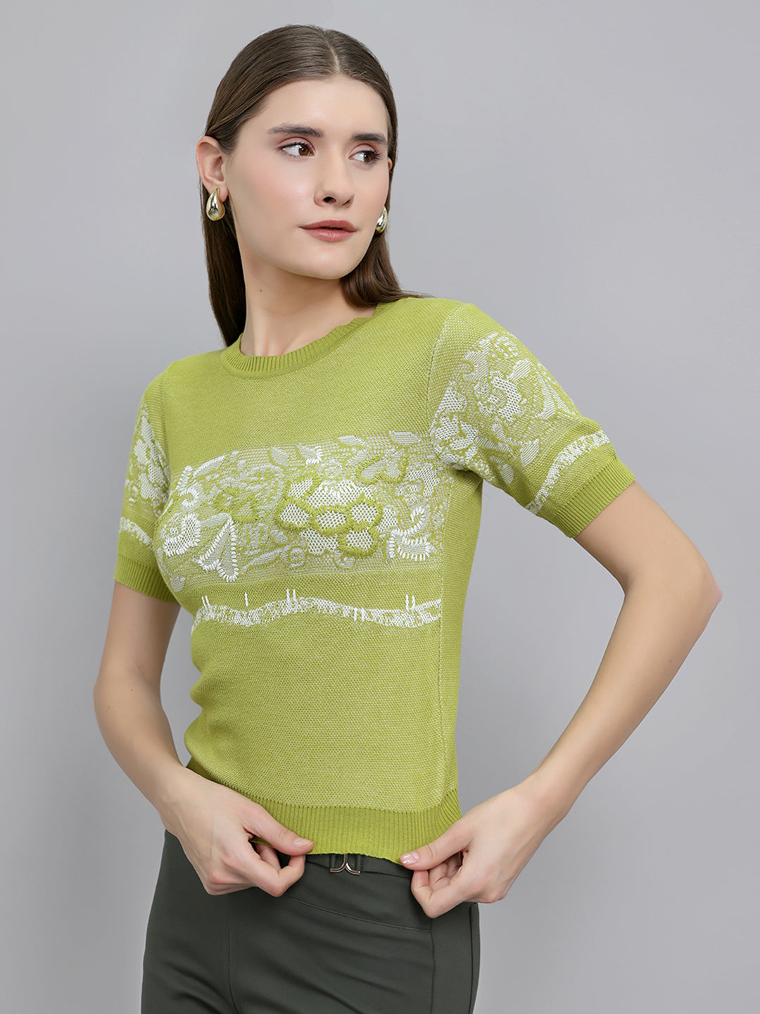 Women Green Jacquard Round Neck Half Sleeve Top