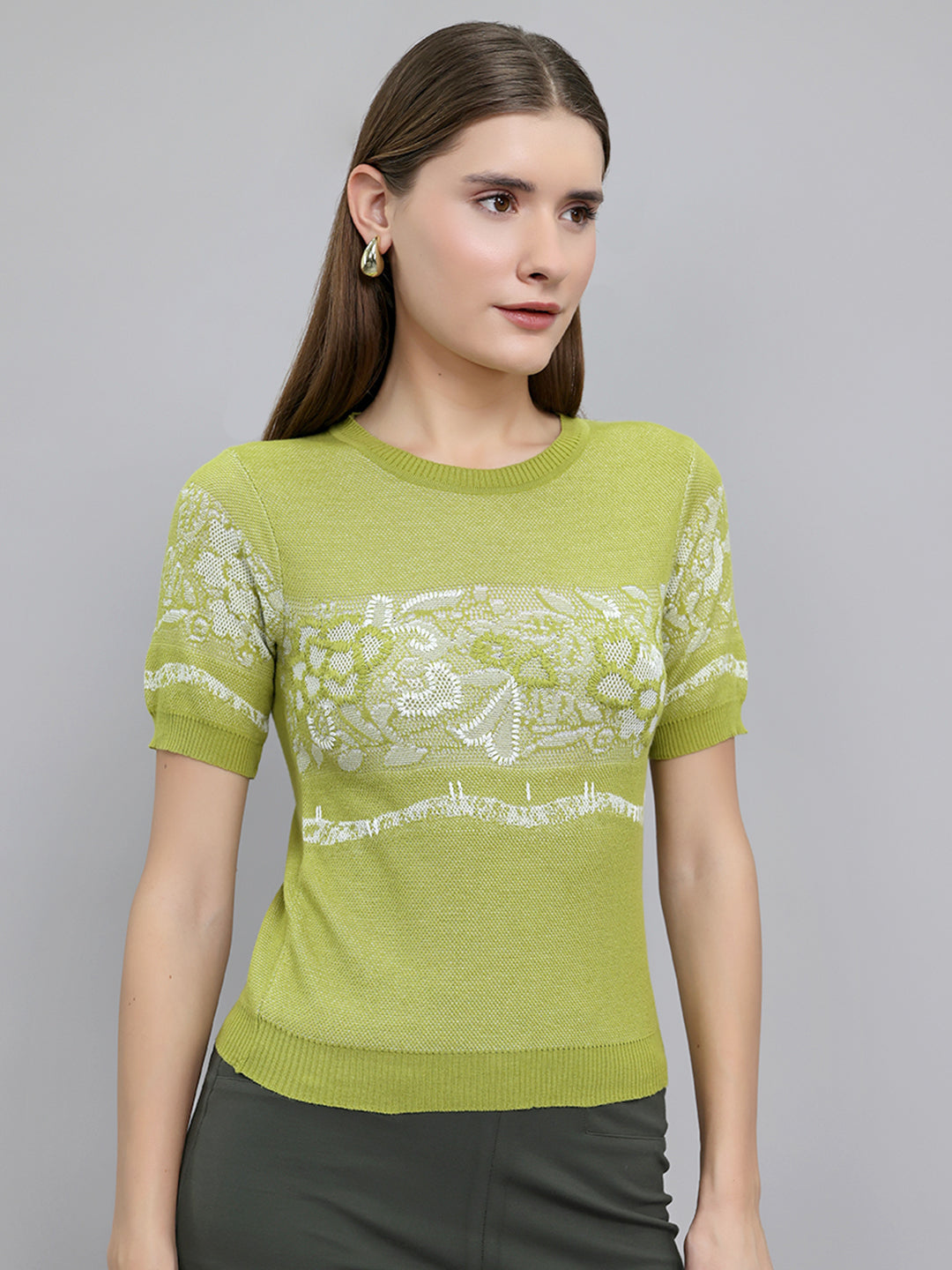 Women Green Jacquard Round Neck Half Sleeve Top