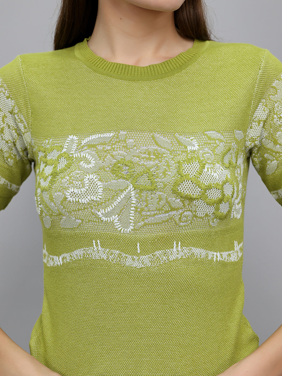 Women Green Jacquard Round Neck Half Sleeve Top