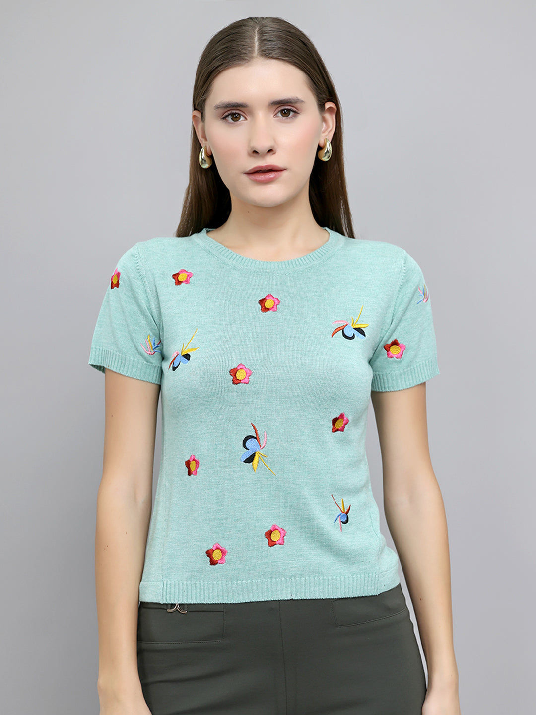 Women Sea Green Embroidered Round Neck Half Sleeve Top