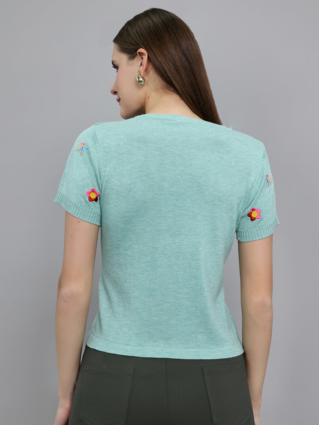 Women Sea Green Embroidered Round Neck Half Sleeve Top