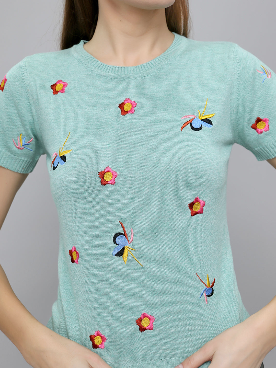Women Sea Green Embroidered Round Neck Half Sleeve Top