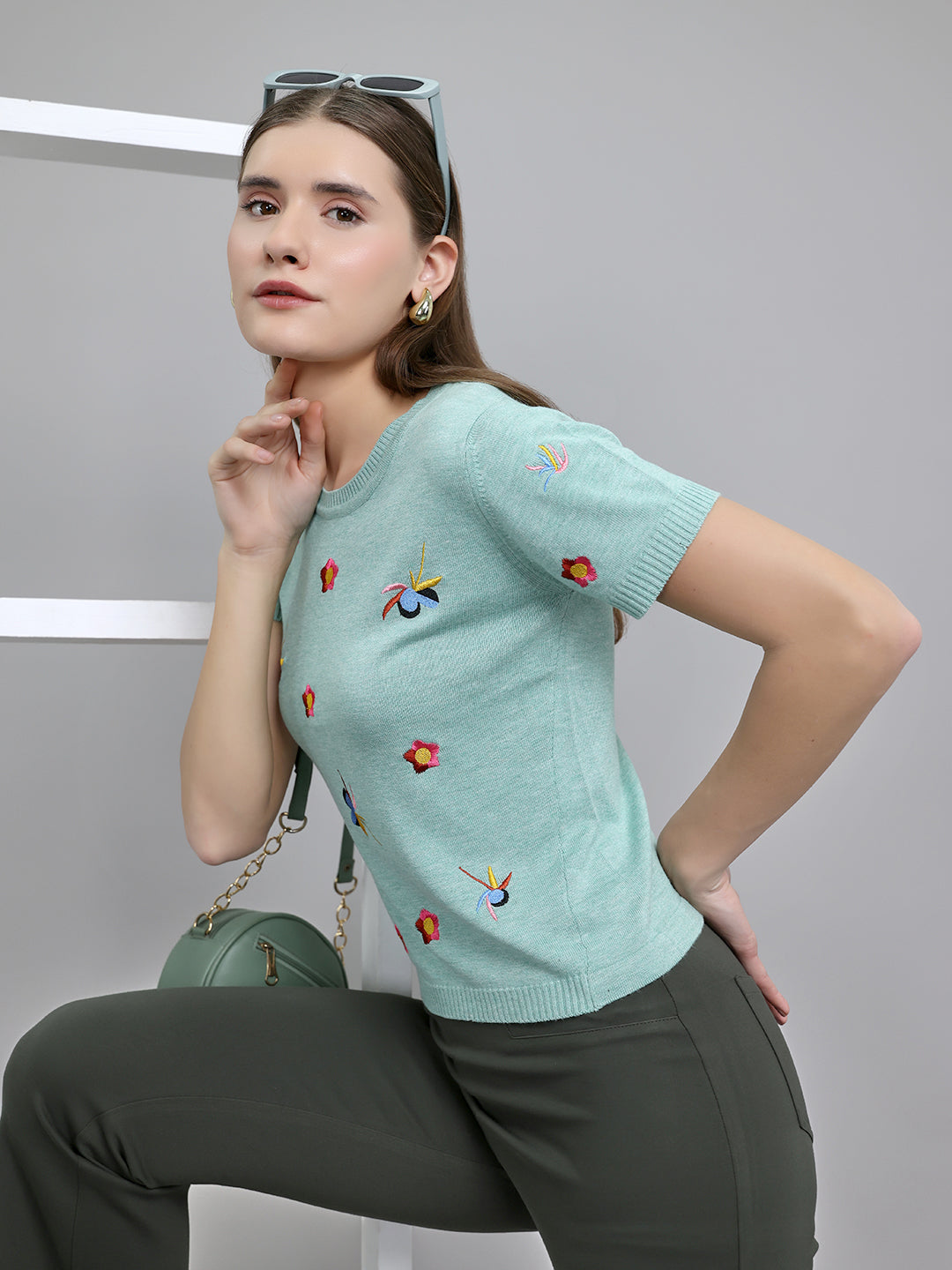Women Sea Green Embroidered Round Neck Half Sleeve Top