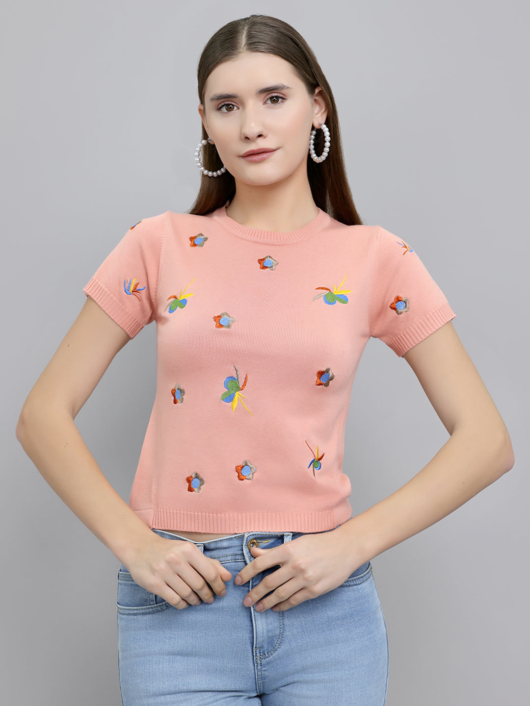 Women Peach Embroidered Round Neck Half Sleeve Top