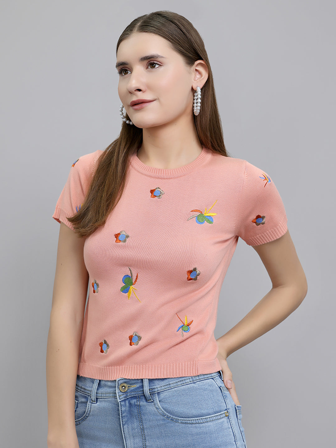 Women Peach Embroidered Round Neck Half Sleeve Top