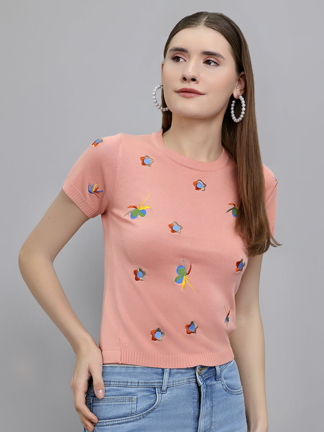 Women Peach Embroidered Round Neck Half Sleeve Top