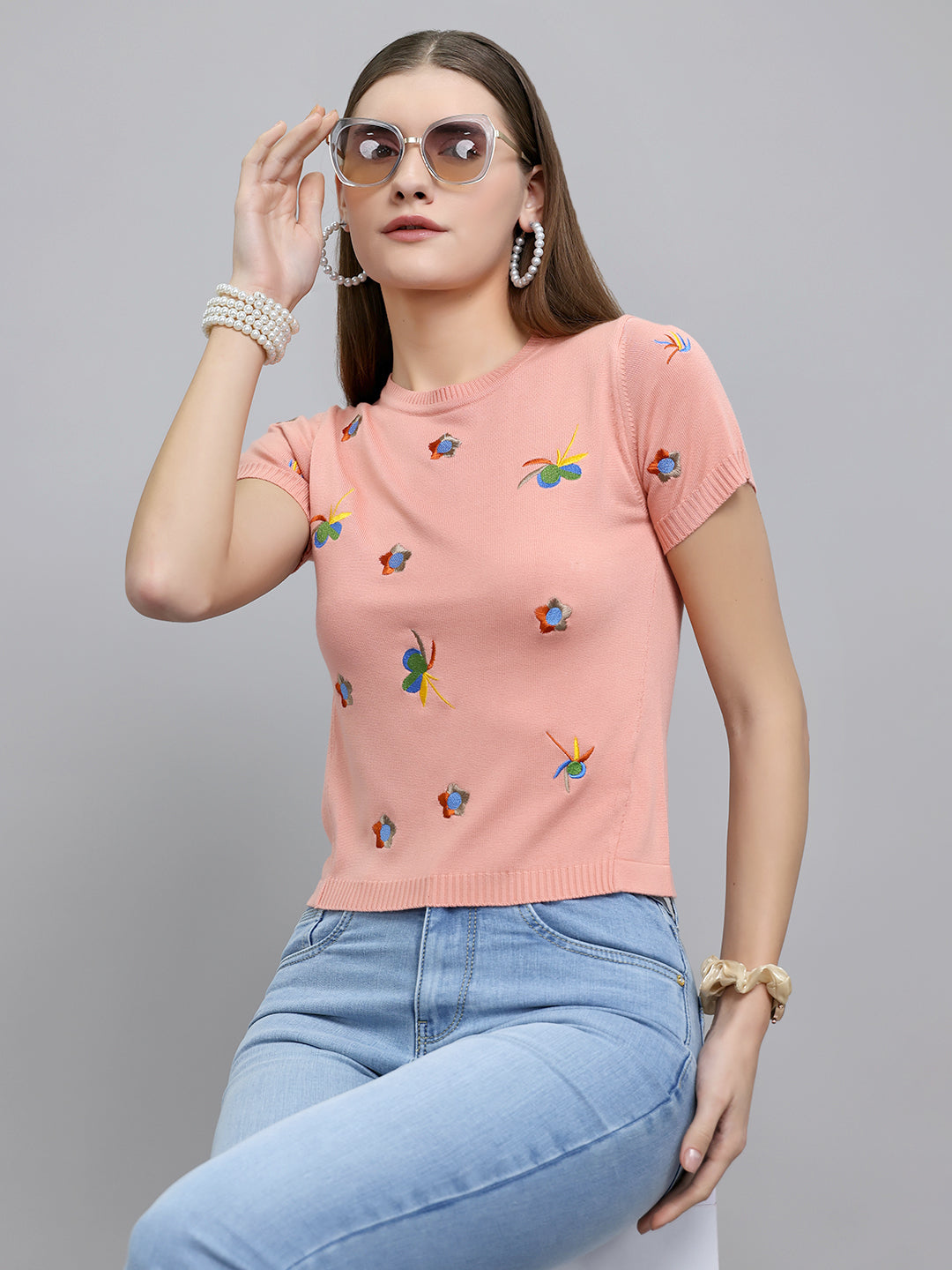 Women Peach Embroidered Round Neck Half Sleeve Top