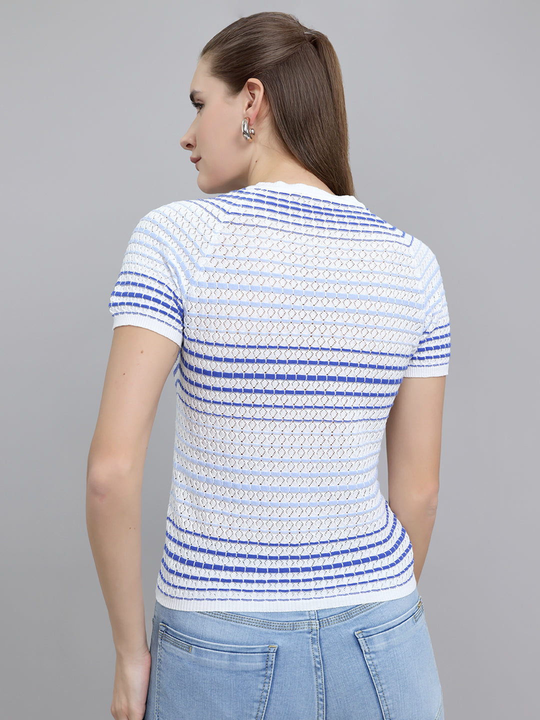 Women Off White Stripe Round Neck Half Sleeve Top