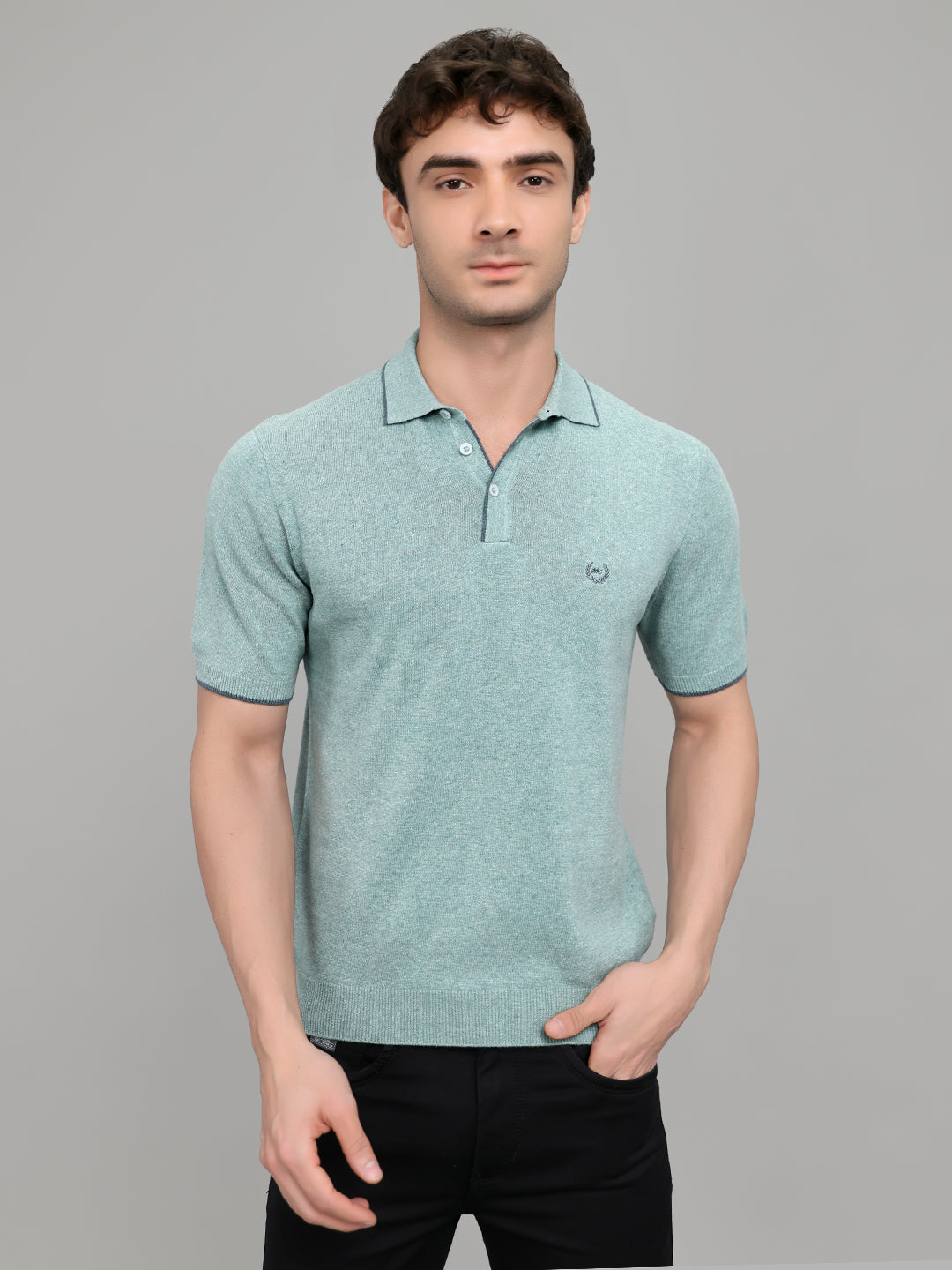 Men Teal Blue Solid Collar Half Sleeve T-Shirt