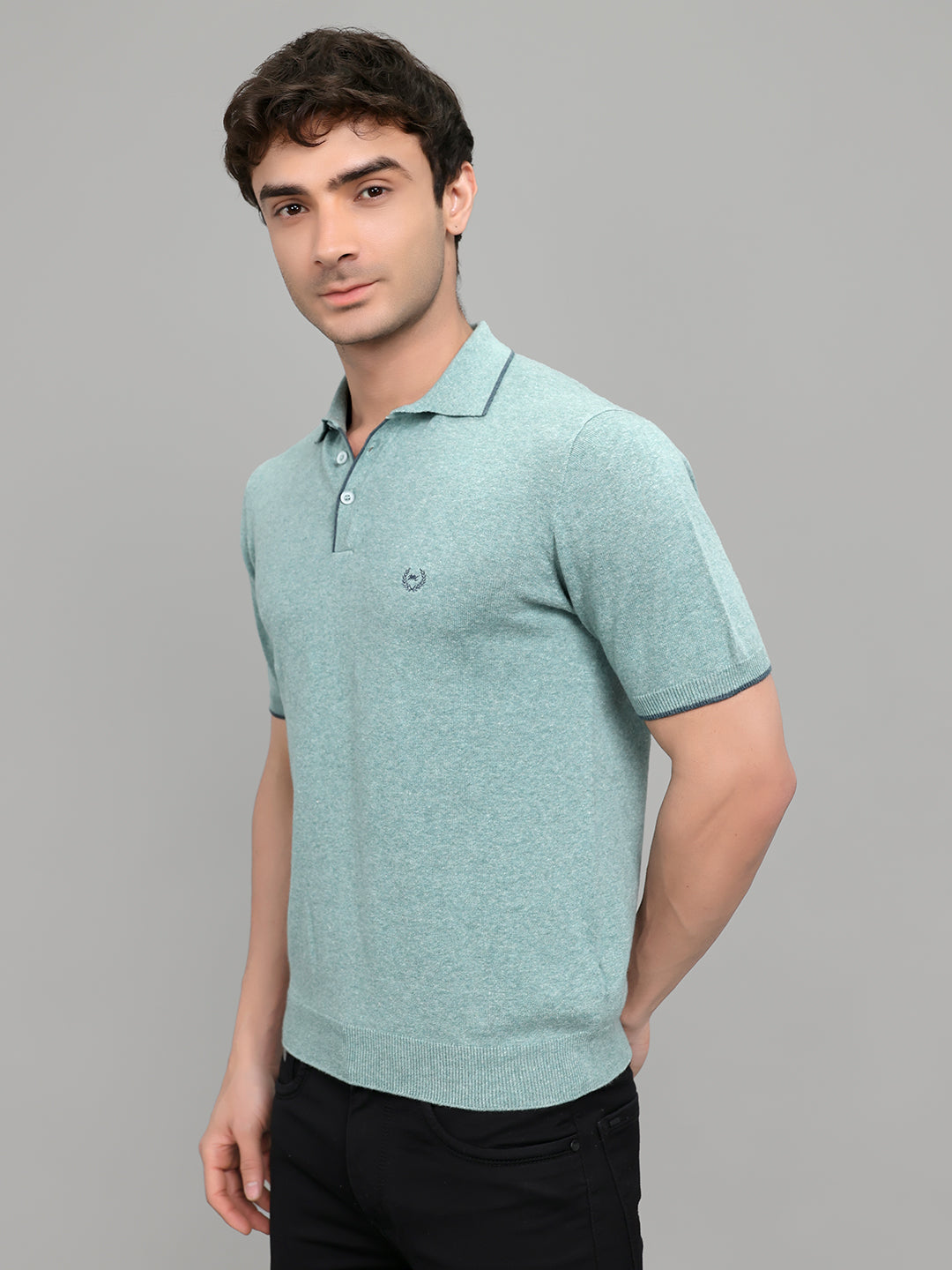 Men Teal Blue Solid Collar Half Sleeve T-Shirt