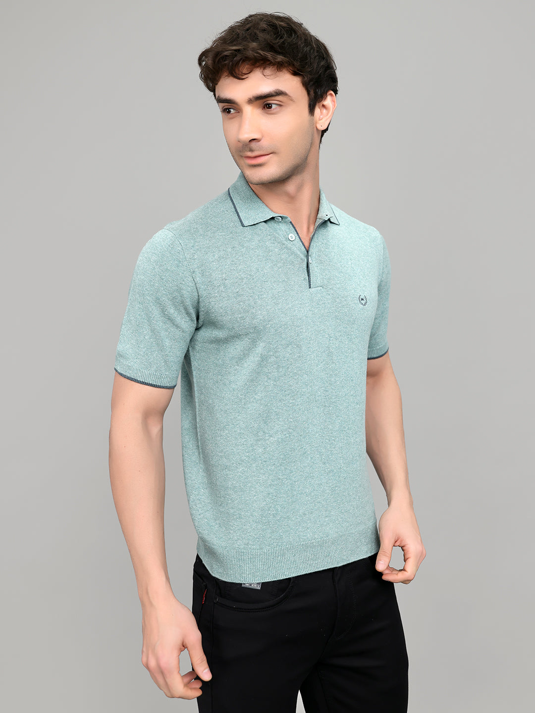 Men Teal Blue Solid Collar Half Sleeve T-Shirt