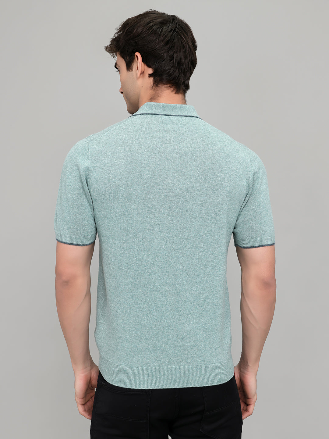 Men Teal Blue Solid Collar Half Sleeve T-Shirt