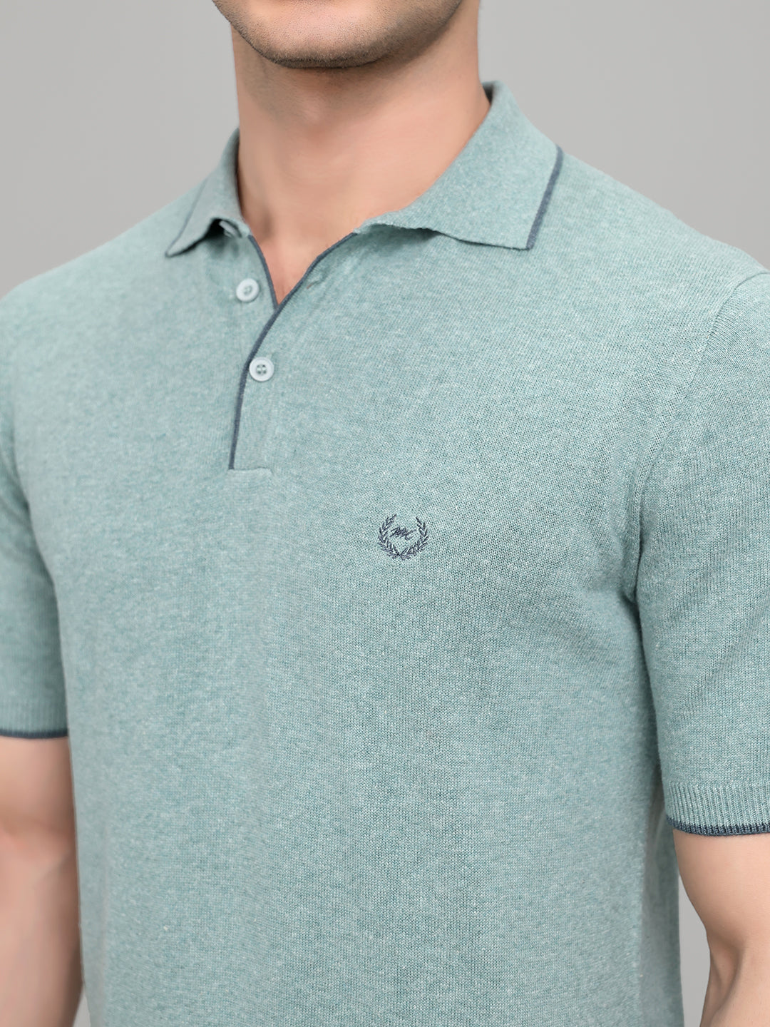 Men Teal Blue Solid Collar Half Sleeve T-Shirt