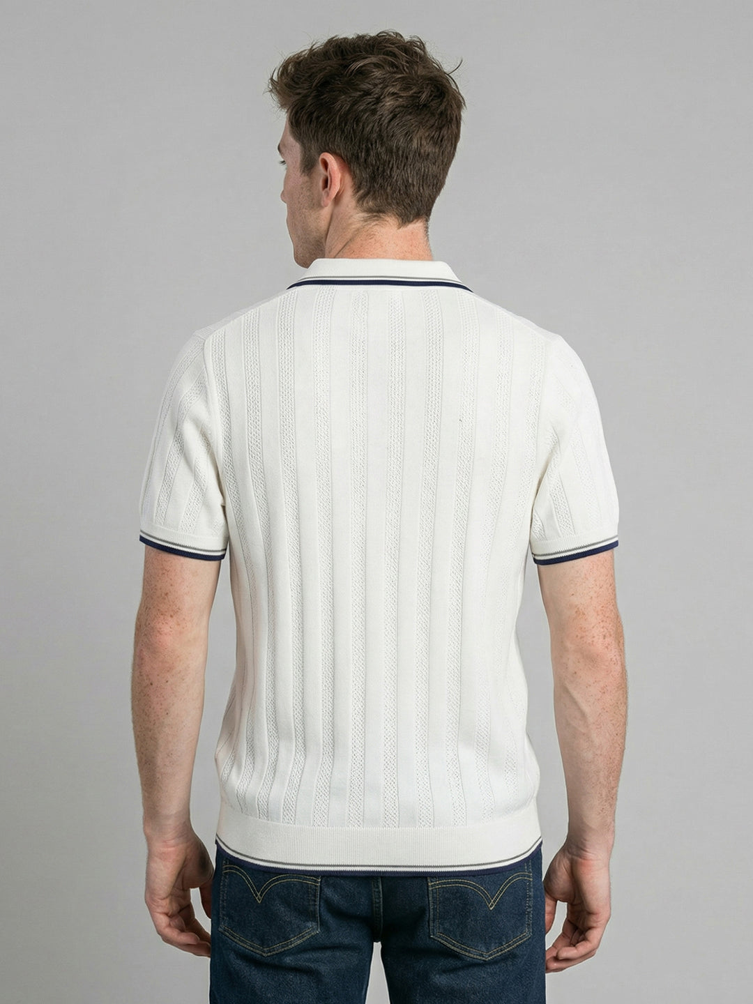 Men White Self Design Collar Half Sleeve T-Shirt