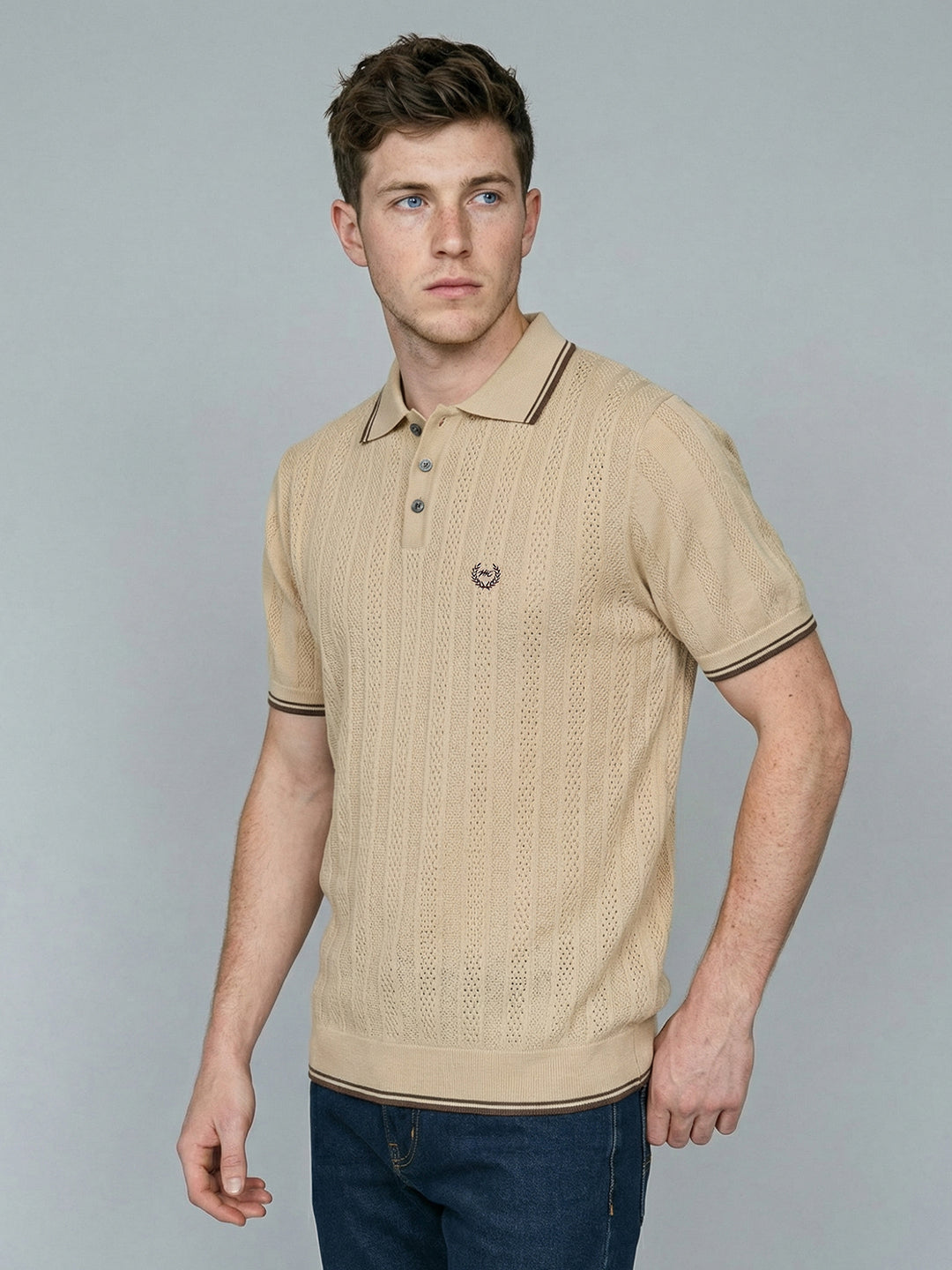 Men Camel Brown Self Design Collar Half Sleeve T-Shirt