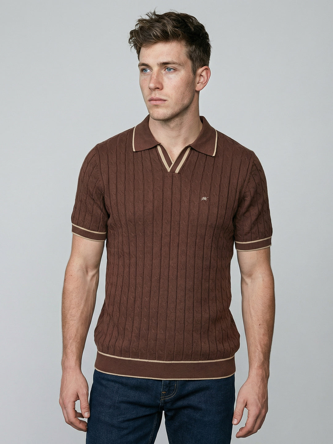 Men Brown Self Design Collar Half Sleeve T-Shirt