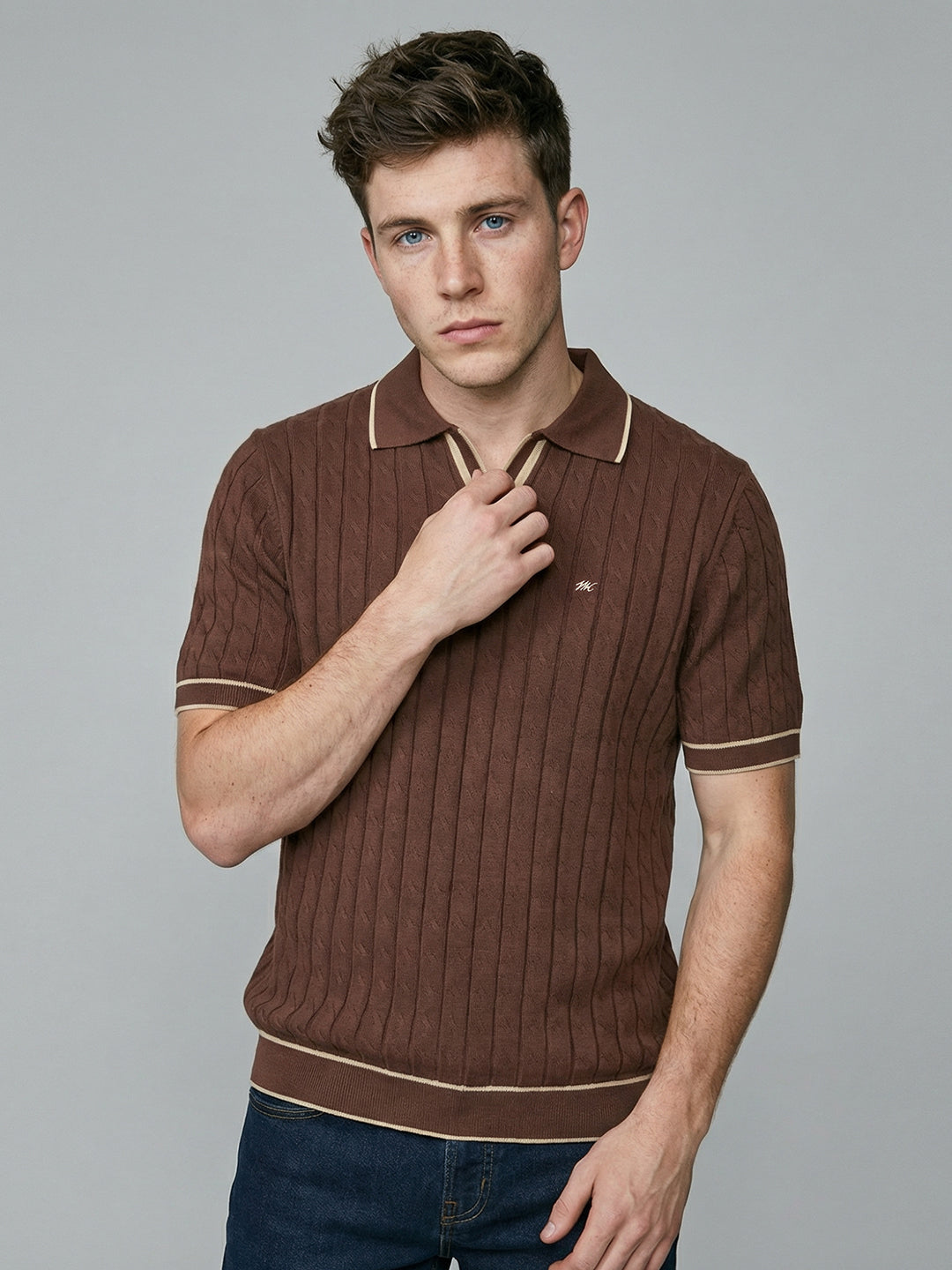 Men Brown Self Design Collar Half Sleeve T-Shirt