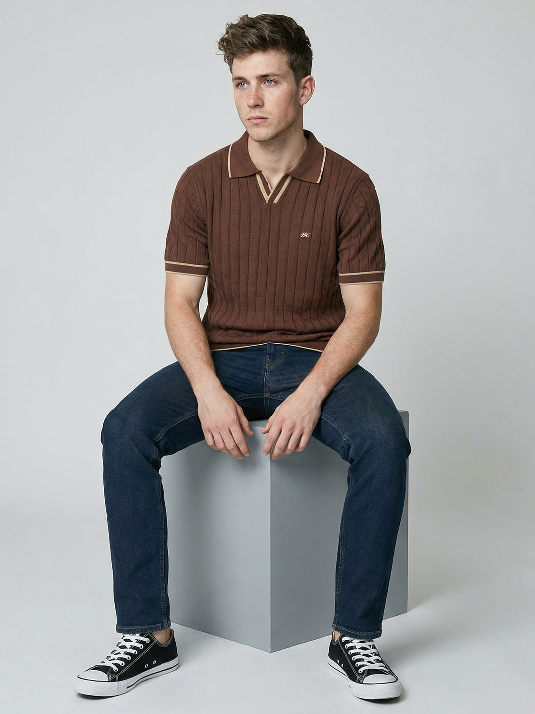 Men Brown Self Design Collar Half Sleeve T-Shirt