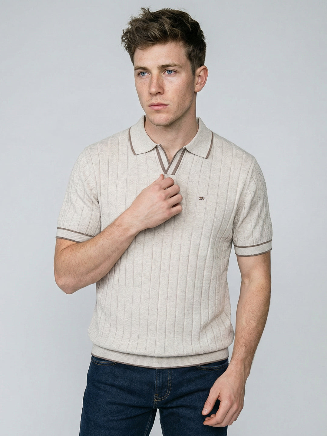 Men Off White Self Design Collar Half Sleeve T-Shirt