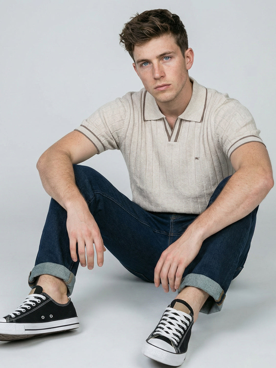Men Off White Self Design Collar Half Sleeve T-Shirt