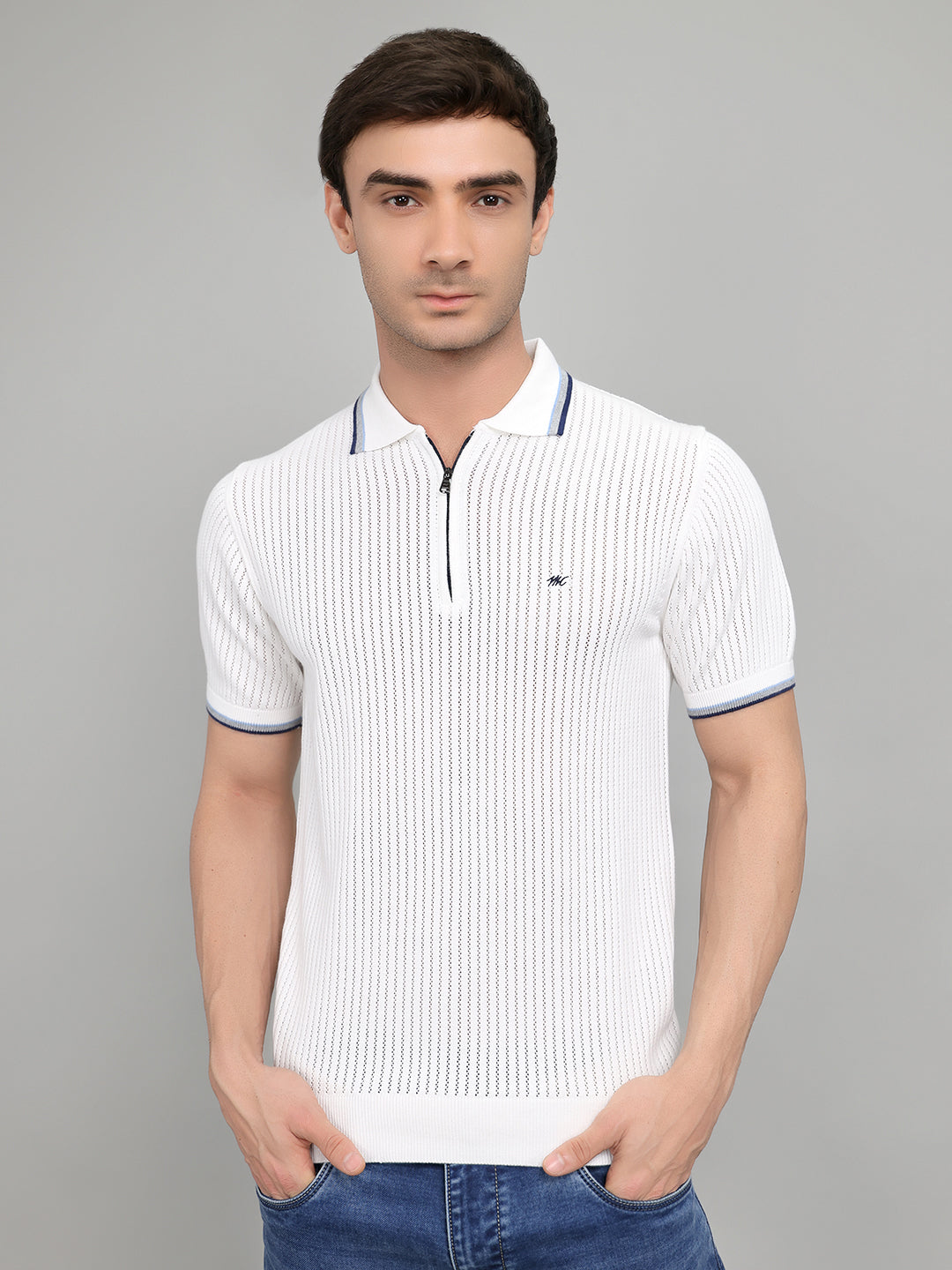Men White Self Design Collar Half Sleeve T-Shirt