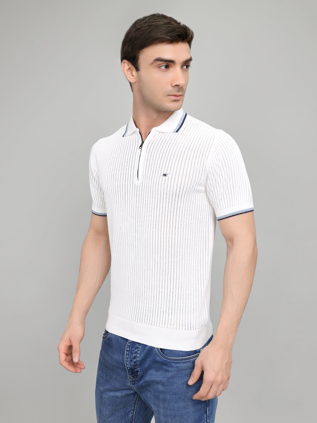 Men White Self Design Collar Half Sleeve T-Shirt