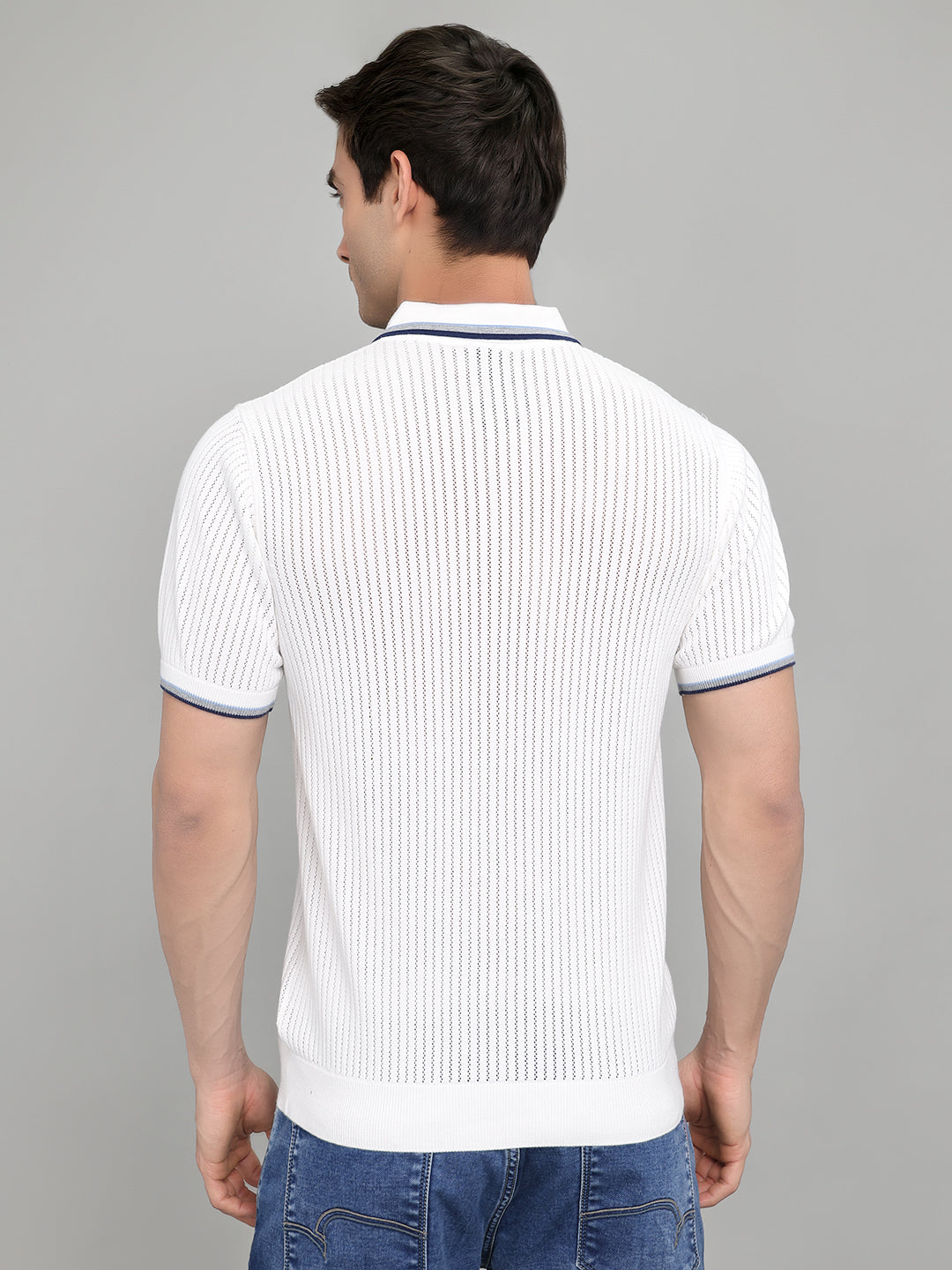 Men White Self Design Collar Half Sleeve T-Shirt