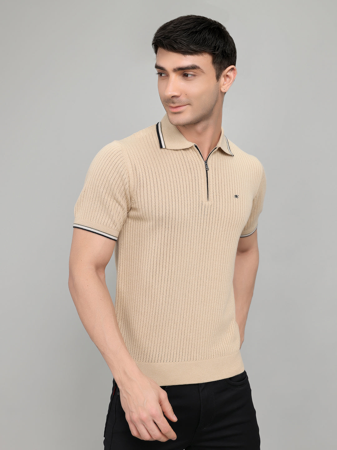 Men Beige Self Design Collar Half Sleeve T-Shirt