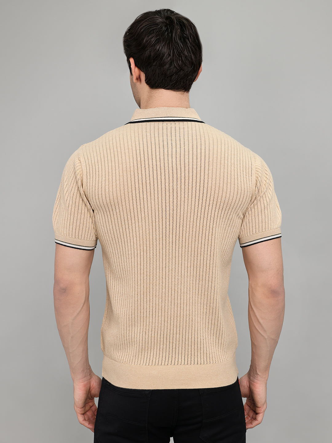 Men Beige Self Design Collar Half Sleeve T-Shirt