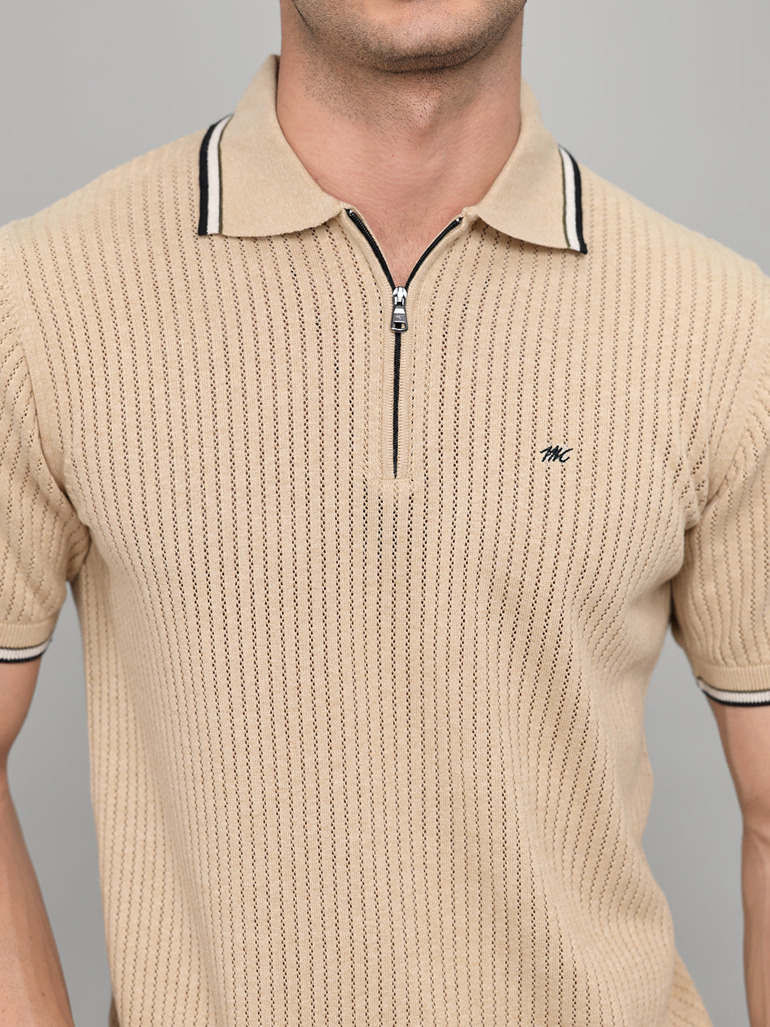 Men Beige Self Design Collar Half Sleeve T-Shirt